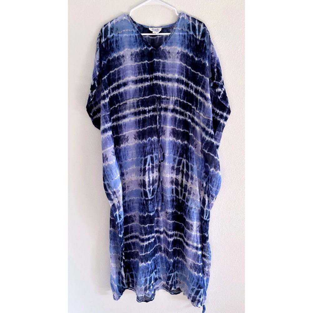 BeachLunchLounge Coverup Small Blue Kaftan Tie Boho Flowy Coastal Beach Resort
